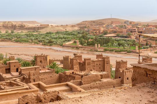 View from Kasbah Ait Benhaddou to valley with Ksars - Morocco