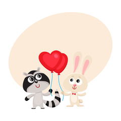 Cute, funny rabbit and raccoon holding red heart shaped balloon, cartoon vector illustration with space for text. Bunny and raccoon holding heart balloon, birthday greeting decoration elements