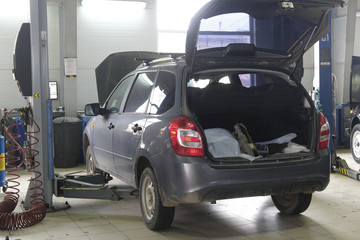 Kaluga, Russia - April, 20, 2017: Cars in a car repair station in Kaluga, Russia