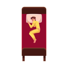 Man sleeping in bed, wearing pajamas, lying on side uncovered, top view cartoon vector illustration on white background. Top view of man sleeping sweetly on his side, wearing pajamas, lying in bed