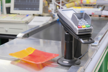 Kaluga, Russia - April, 21, 2017: Interior of a checkout point in supermarket in Kaluga, Russia