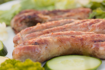 A plate of grilled meat and vegetables lies on the grass. Image with depth of field.
