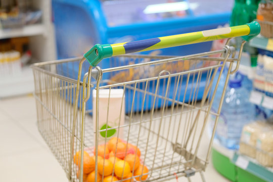 Shop trolley in a supermarket close up