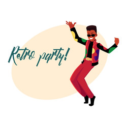 Retro disco party invitation, poster template, layout with black, African dancing man in 1980s style clothes, cartoon vector illustration. 80s style disco party invitation banner, poster template