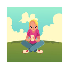Young woman playing with smartphone on the grass, using mobile phone, sitting legs crossed, cartoon vector illustration isolated on white background. Woman, girl in jeans and t-shirt sitting