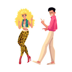 Young couple, man and woman, in 1980s, eighties style clothes dancing disco, cartoon vector illustration isolated on white background. Man and woman in 80s style clothing dancing at retro disco party
