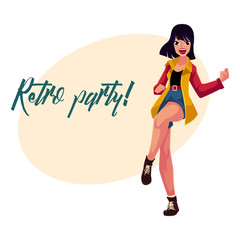 Retro disco party invitation, poster template, layout with woman in 1990s style clothes, shorts and jacket, cartoon vector illustration. Nineties style disco party invitation banner poster template