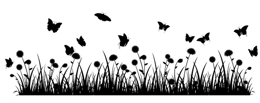 Butterfly meadow banner black silhouette 