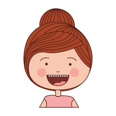 color silhouette smile expression cartoon half body girl with red collected striped hairstyle vector illustration