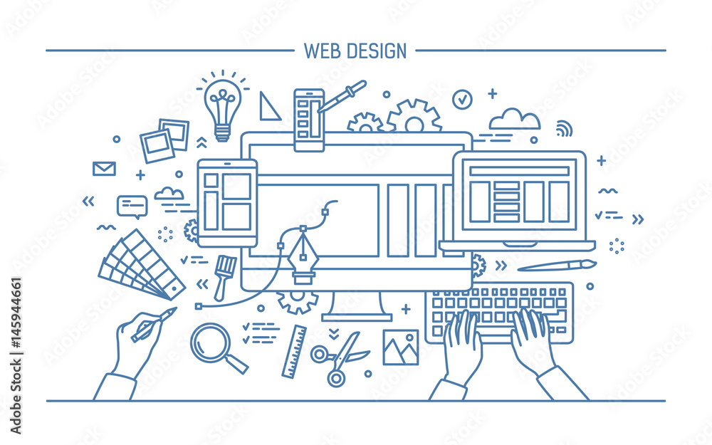 Poster web development, line art banner. site with responsive design. flat vector illustration.