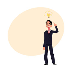 Young businessman having idea, light bulb as symbol of business insight, cartoon vector illustration with space for text. Businessman, employee has just got idea, insight, inspiring thought