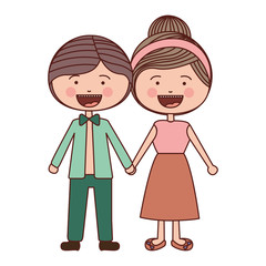 Obraz na płótnie Canvas color silhouette smile expression cartoon guy and girl collected hairstyle with taken hands vector illustration