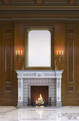 Fireplace on the background of a classic interior with wood paneling. 3d rendering.