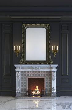 Fireplace on the background of a classic interior in dark colors. 3d rendering.