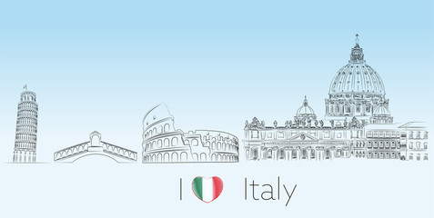 Italy skyline minimal vector illustration postcard, landmark monuments silhouette