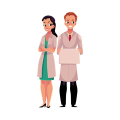 Male and female doctors in white medical coats, woman with folded arms, man holding blank sign, board, cartoon vector illustration isolated on white background. Full length portrait of two doctors