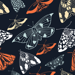 Summer moth seamless vector pattern.  Happy and colorful design.