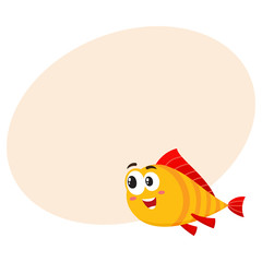 Cute, funny golden, yellow fish character with human face rushing, swimming somewhere, cartoon vector illustration with space for text. Yellow fish character, mascot interested in something