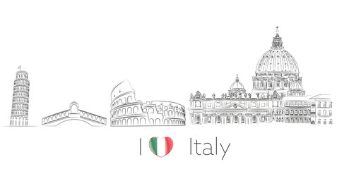 Italy skyline minimal vector illustration postcard, landmark monuments silhouette