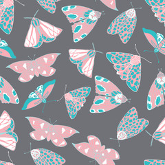Summer moth seamless vector pattern.  Happy and colorful design.