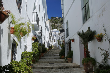 one of the charming narrow street decorated with flowers in Frigiliana, Andalusia, Spain