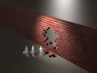 Business figures that look at the walls with holes