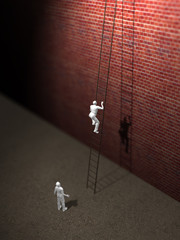 Male figures rising on high walls hanging ladders