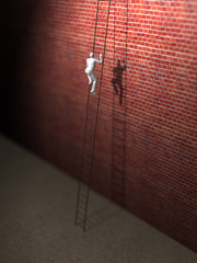 Male figures rising on high walls hanging ladders