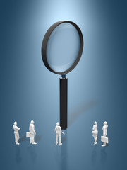Business figures looking at magnifying glasses