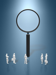 Business figures looking at magnifying glasses