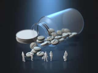 Business figures looking at the bottle from which the tablets spill out