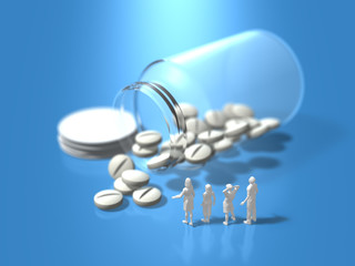 Family figures looking at the medicine bottle that spilled out of the tablets