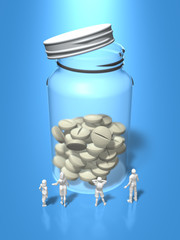 Family figures looking up at the vial