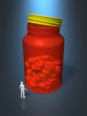 Male figure looking up at red medicine bottle