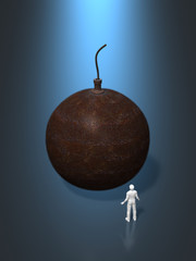 Male figure looking at the bomb