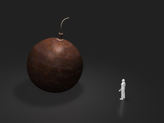 Male figure looking at the bomb