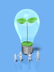 Family figures looking at the light bulb with sprouts