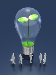 Business figures looking at the light bulb with sprouts