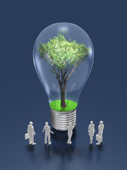 Business figures looking at the light bulb with trees