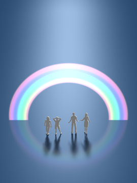 Family figures looking at the rainbow