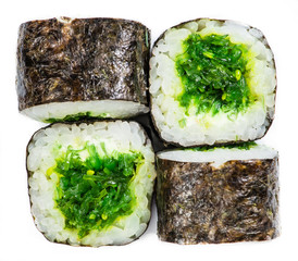 Fresh sushi roll isolated on white top view