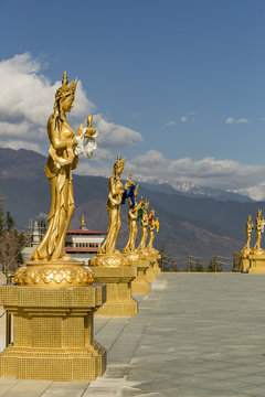 Gold statutes near Big Buddha point in Thimphu (Bhutan)