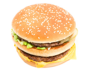Fast food hamburger close-up isolated on white