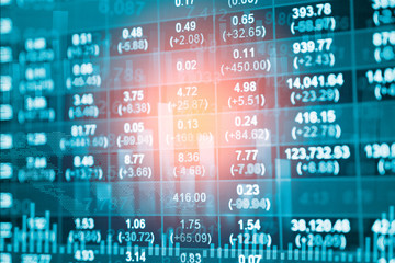 Obraz premium Stock data indicator analysis on financial market trade chart on LED. Concept Stock data trade. Digital financial trade analysis background. Double exposure style