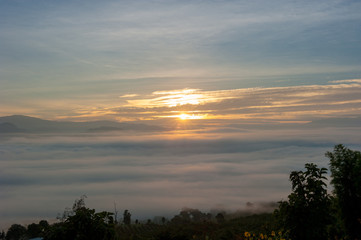 Sea of clouds and sunrise over the fores at pai in north of thailand