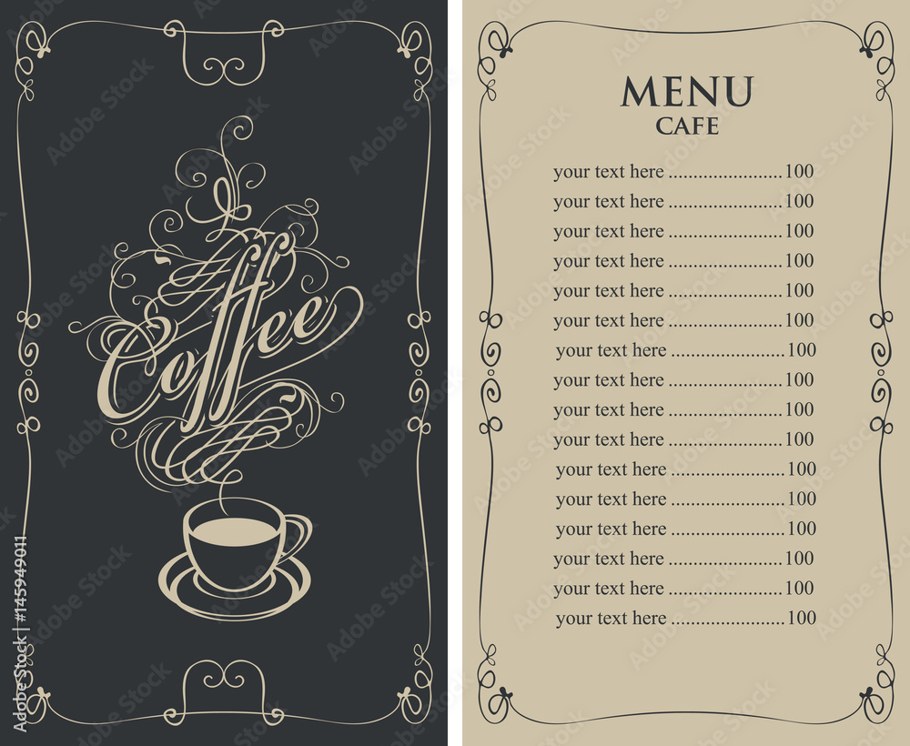 Poster template vector menu for cafe with price list and coffee cup with calligraphic inscription in form o