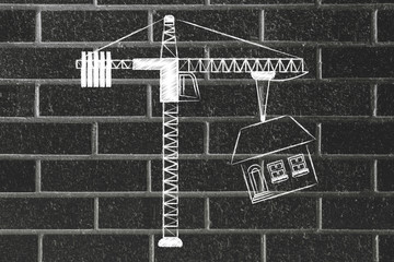 tower crane lifting up a whole house