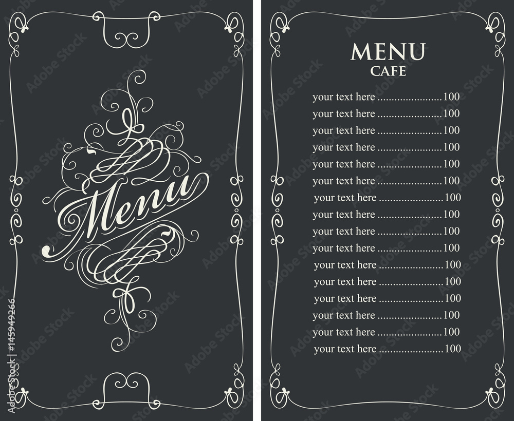 Poster template vector menu for cafe with price list and curlicues with calligraphic inscription in baroque