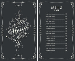 template vector menu for cafe with price list and curlicues with calligraphic inscription in baroque style on black background