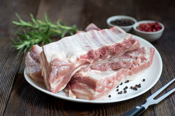 Close up Raw Pork Rib meat on white dish
